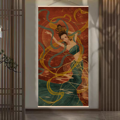 敦煌飞天图竹帘挂画装饰画帘子进门玄关背景挂帘中古风民宿遮挡帘