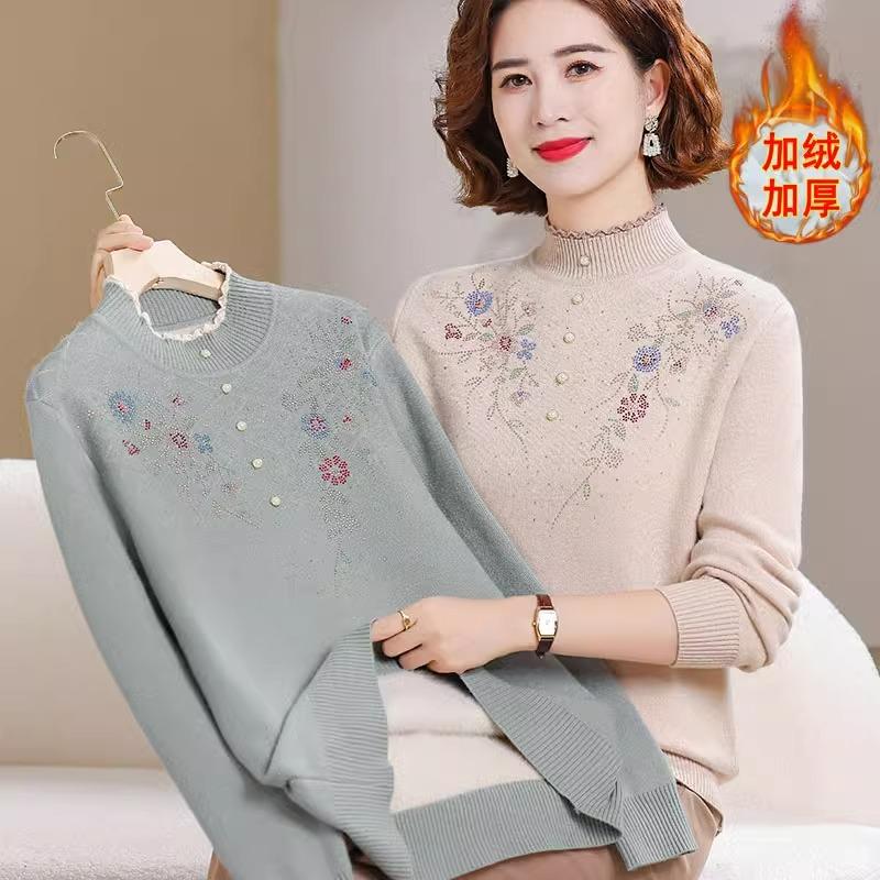 妈妈装冬季半高领一体绒针织打底衫中老年女人加绒加厚内搭毛衣