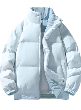 浅蓝色立领面包服棉衣男女情侣款宽松保暖棉袄外套
