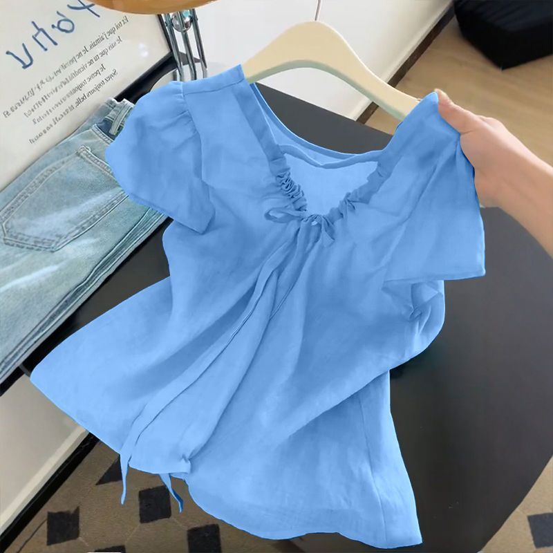 杭州四季青意法高端女装设计感系带V领短袖egg娃娃衬衫湖蓝色上衣