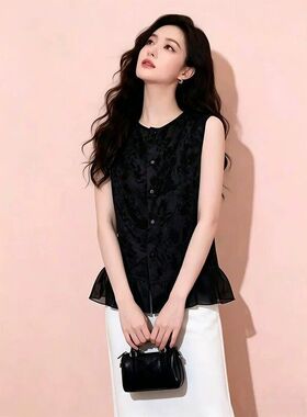 高级感黑色荷叶边无袖蕾丝衬衫女2026夏季新款设计感小众气质上衣