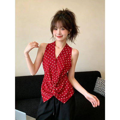 波点收腰绝美挂脖背心无袖衬衫女2026夏季新款外穿独特漂亮上衣