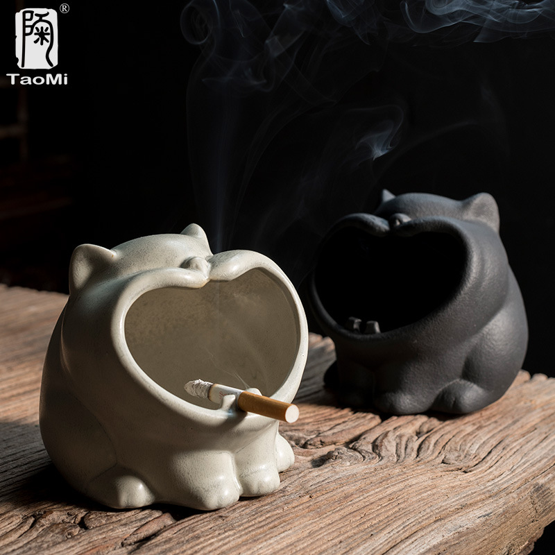 陶瓷肥猫烟灰缸创意搞怪卡通猫烟缸哈欠小猫烟灰盅家居茶几摆设品 家居饰品 装饰烟灰缸 原图主图