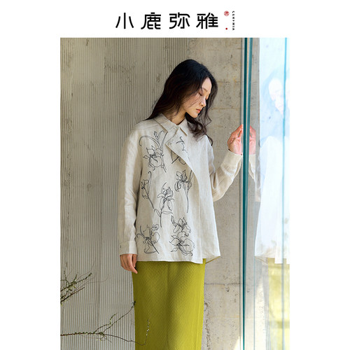 小鹿弥雅新中式亚麻刺绣衬衫