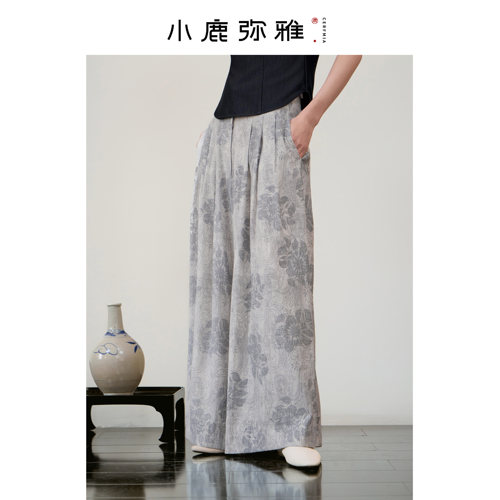 小鹿弥雅《菩提》系列原创新中式文艺印花新中式阔腿裤春夏