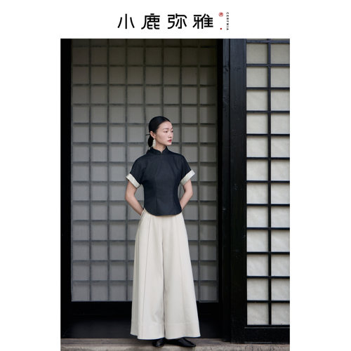 小鹿弥雅《丹青》系列原创新中式丹宁牛仔撞色短袖旗袍式收腰上衣