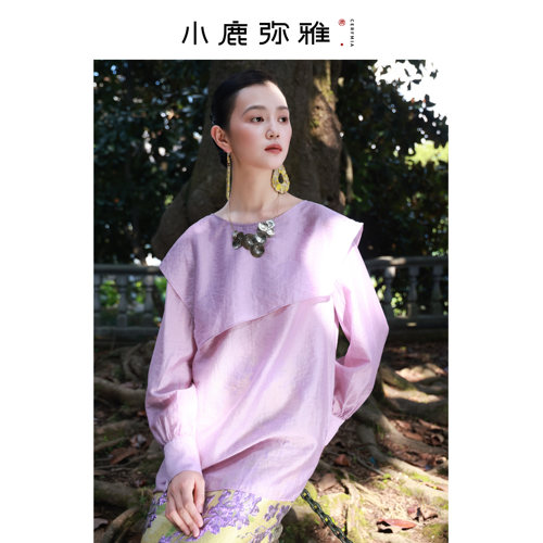 小鹿弥雅《丁香》原创简约明媚天丝不规则披肩领长袖衬衫春秋