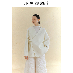 小鹿弥雅《花影》新中式羊毛呢印花系带长袖短款外套秋冬