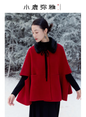 小鹿弥雅《红炉点雪》新中式100羊毛双面呢斗篷短款大衣冬拜年服