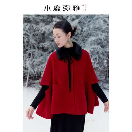 小鹿弥雅《红炉点雪》新中式100羊毛双面呢斗篷短款大衣冬拜年服