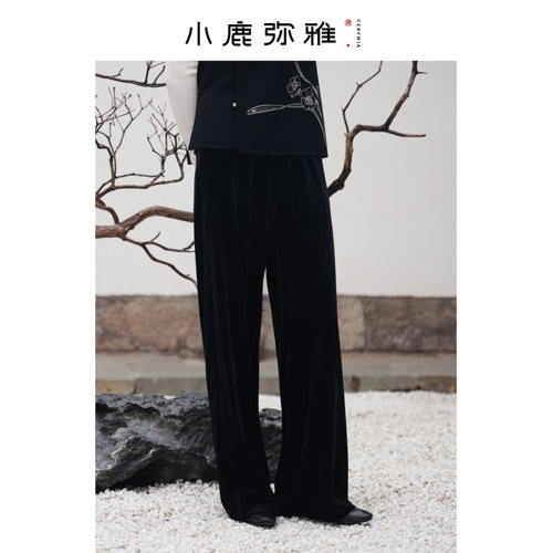 小鹿弥雅超显瘦百搭丝绒高腰直筒长裤秋冬