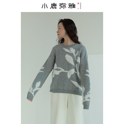 小鹿弥雅《繁花》系列简约百搭提花羊毛毛衣秋冬