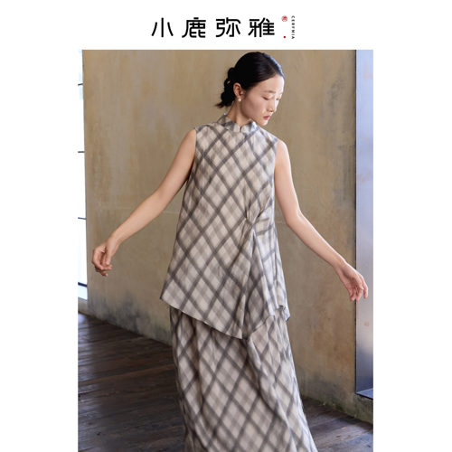 小鹿弥雅新中式格纹无袖连衣裙