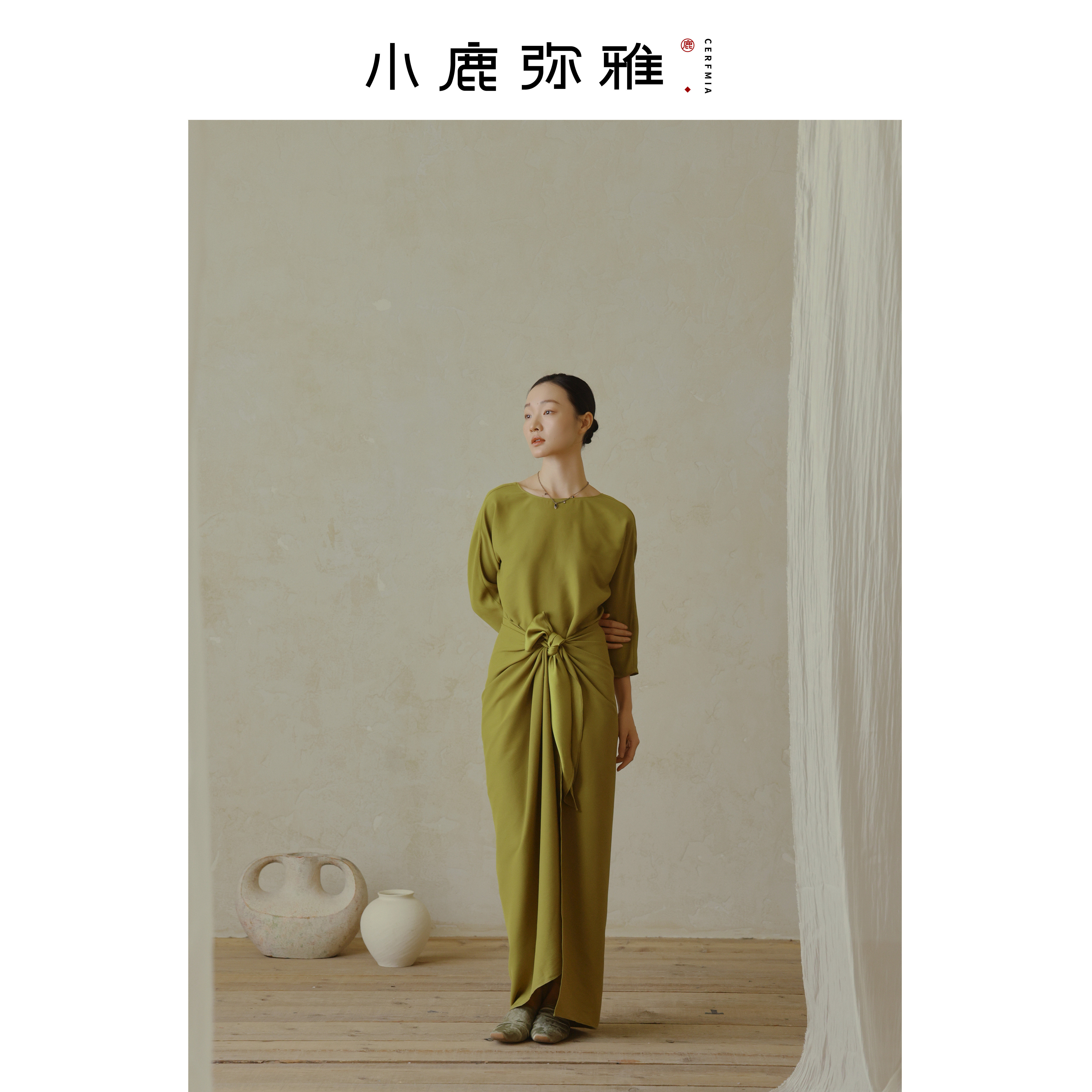 小鹿弥雅《青野》原创一字领绑带不规则中袖连衣长裙轻纱礼服春秋