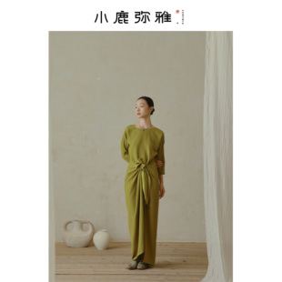 小鹿弥雅《青野》原创一字领绑带不规则中袖连衣长裙轻纱礼服春秋