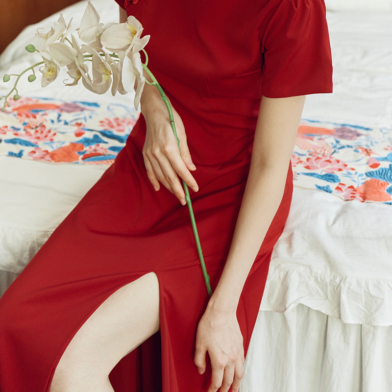 Cerfmia小鹿弥雅 豆蔻中式短袖开叉复古旗袍新娘订婚裙敬酒服