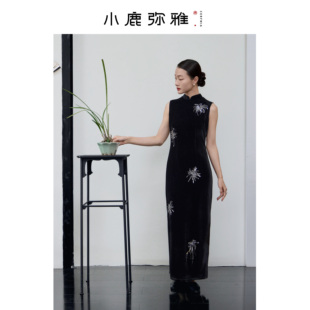 小鹿弥雅《烟花》系列原创新中式重工丝绒刺绣旗袍黑色连衣裙春夏