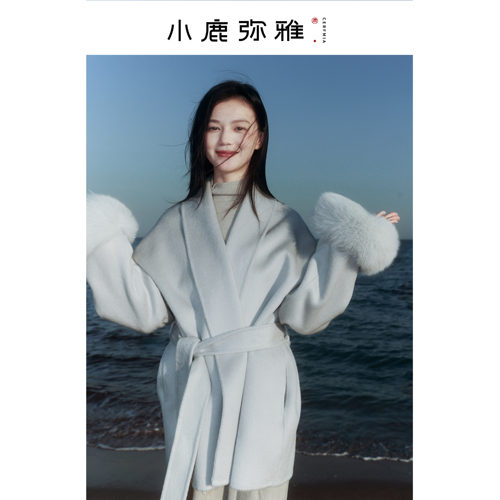小鹿弥雅《水云间》系列云水蓝纯羊毛大衣宽松冬