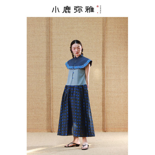 原创新中式假两件重工云肩连衣裙
