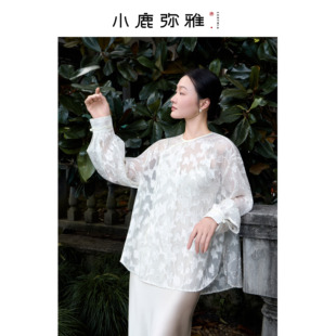小鹿弥雅《繁花》系列新中式重工圆领灯笼袖衬衫春秋