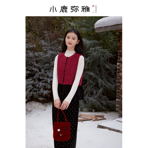 小鹿弥雅原创新中式《小酥糖》系列毛呢丝绒拼接红马甲背心秋冬