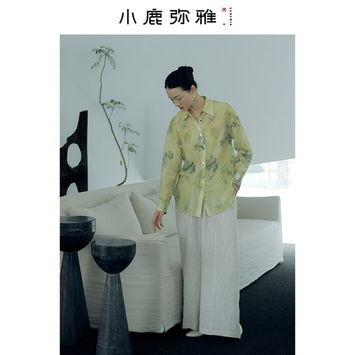 长袖衬衫小鹿弥雅植物印花原创