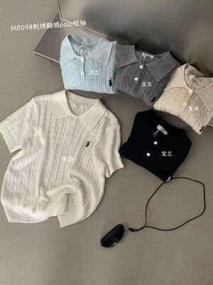 HxL韩系ins小马刺绣POLO领麻花针织衫女短袖T恤高级气质百搭上衣