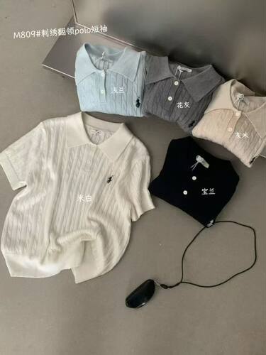 HxL韩系ins小马刺绣POLO领麻花针织衫女短袖T恤高级气质百搭上衣