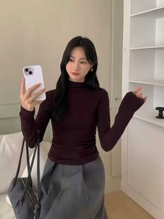 褶皱打底衫 E念8020半高领长袖 内搭修身 加绒短款 上衣女 正肩t恤冬季