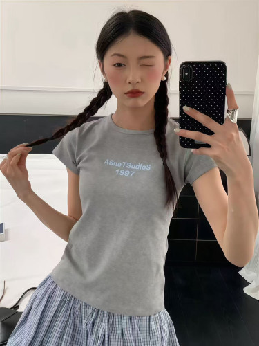 E念2833韩版复古简约字母印花圆领短袖T恤女修身显瘦百搭休闲上衣