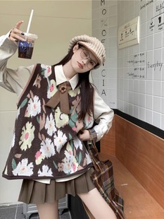 女复古花朵针织马甲毛衣衬衫 早秋温柔系套装 搭配百褶裙气质一整套