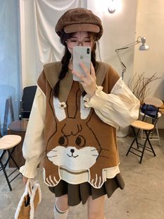 茶系穿搭一整套艺术感套装 女小个子兔子针织马甲叠穿衬衫 2023秋季