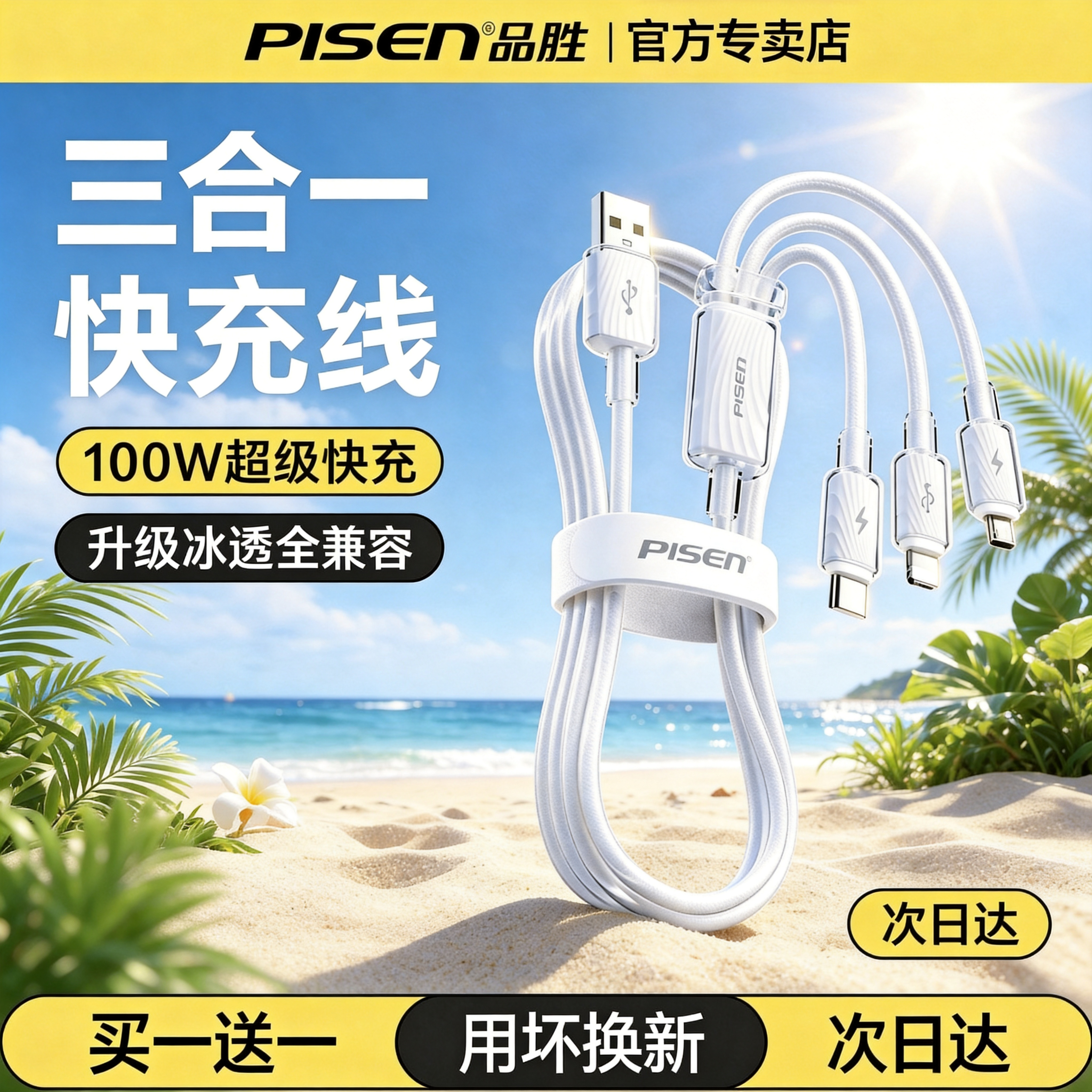 国补15%/品胜冰透数据线三合一充电线器一拖三100W手机快充6A适用苹果17华为安卓16Typec多功能三口车载传输