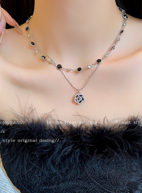 纯欲天花板～双层叠戴黑色山茶花项链女轻奢小众高级感锁骨链颈链