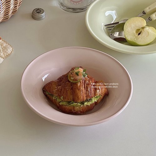 简约温柔纯色釉下彩草帽盘