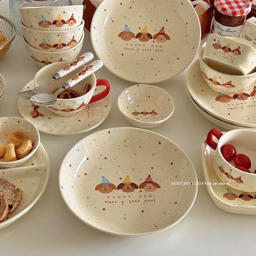 超可爱彩色喷点小狗插画陶瓷碗