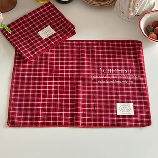 韩风红色格子餐垫长方形餐桌布氛围感百搭厨房桌垫盖布隔热垫