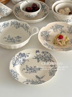 中式复古ins风蓝色花鸟系列陶瓷餐具家用釉下彩米饭碗双耳碗汤盘