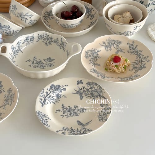 中式复古ins风蓝色花鸟陶瓷餐具