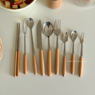 CHICHI's*简约ins圆柱木柄筷子刀叉勺子餐具套装不锈钢复古餐具