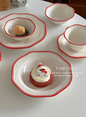 法式ins红色描边陶瓷餐具套装红边瓷器家用釉下彩米饭碗汤盘系列