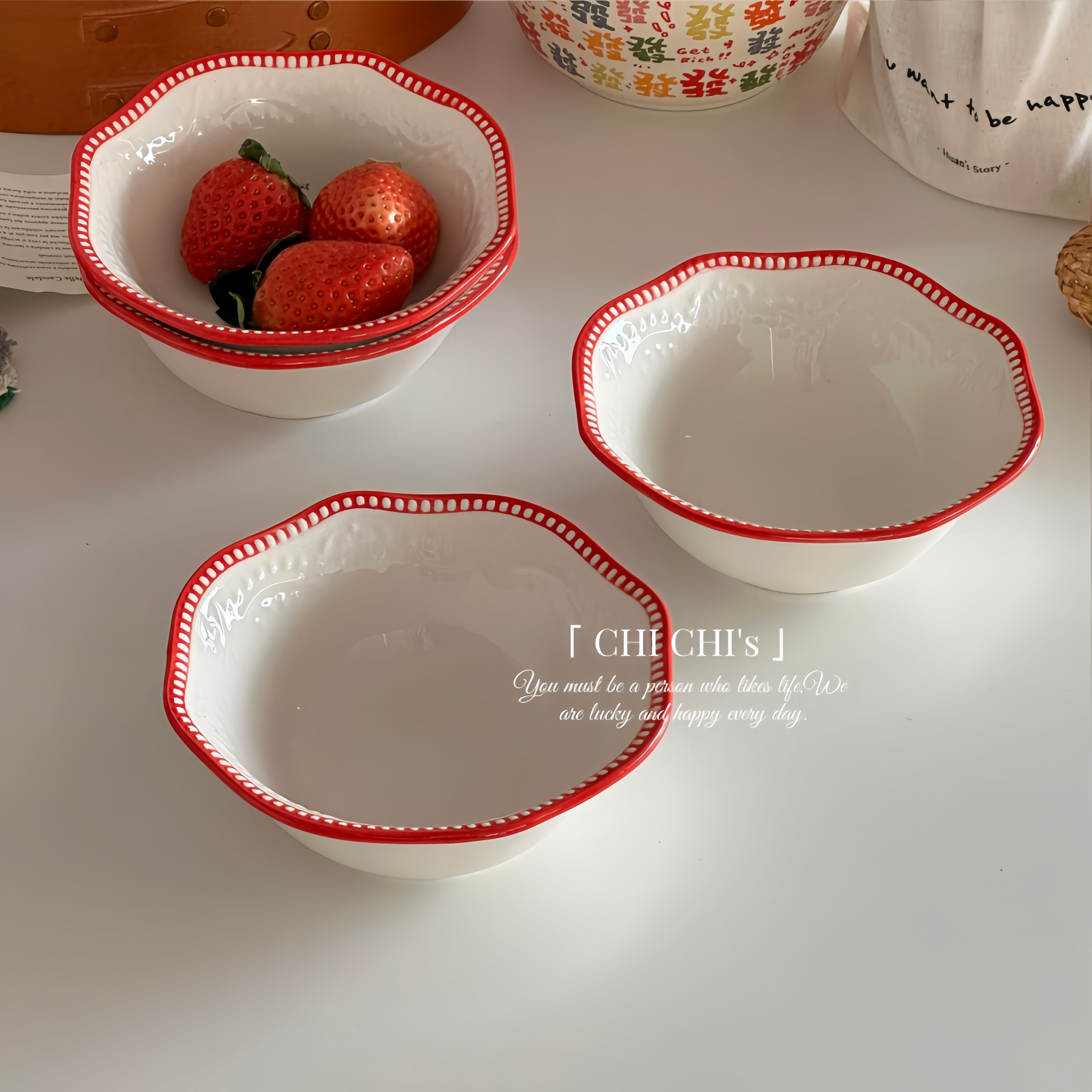 复古陶瓷撞色花边碗家用早餐碗红色描边餐具套装颜值碗米饭碗,餐饮具,碗,淘宝优惠券,粉丝福利购,淘宝优惠卷
