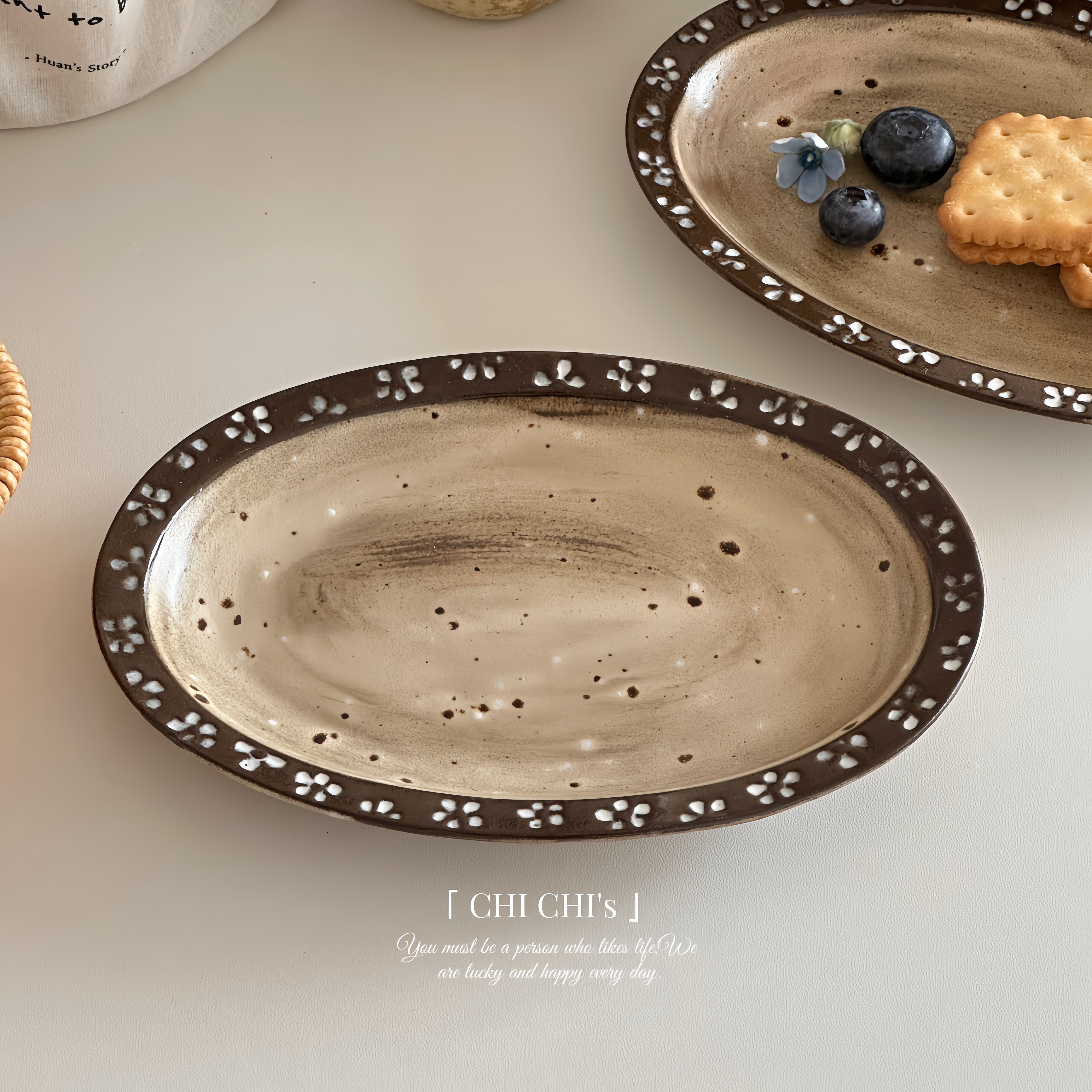 景德镇粗陶复古做旧椭圆甜品盘早餐盘菜盘家用复古做旧餐具