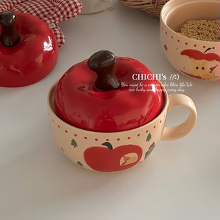 卡通ins风可爱苹果图案陶瓷带盖泡面碗家用大容量碗吃面嗦粉碗