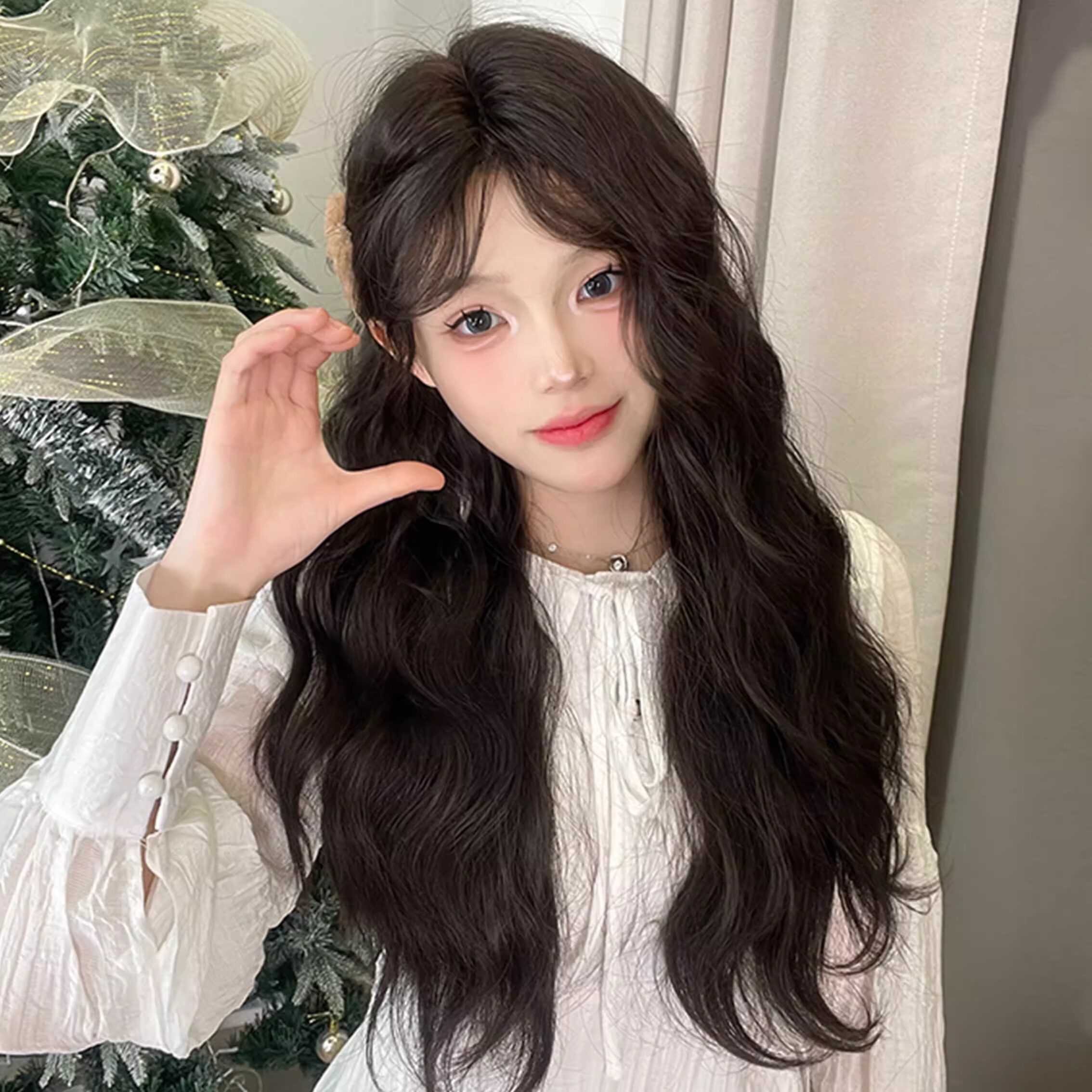 假发女长发仿真发lolita羊毛卷中分网红几字刘海慵懒长卷发全头套