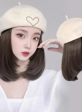 假发女短发帽子假发一体贝雷八角帽秋冬时尚自然锁骨发仿真全头套