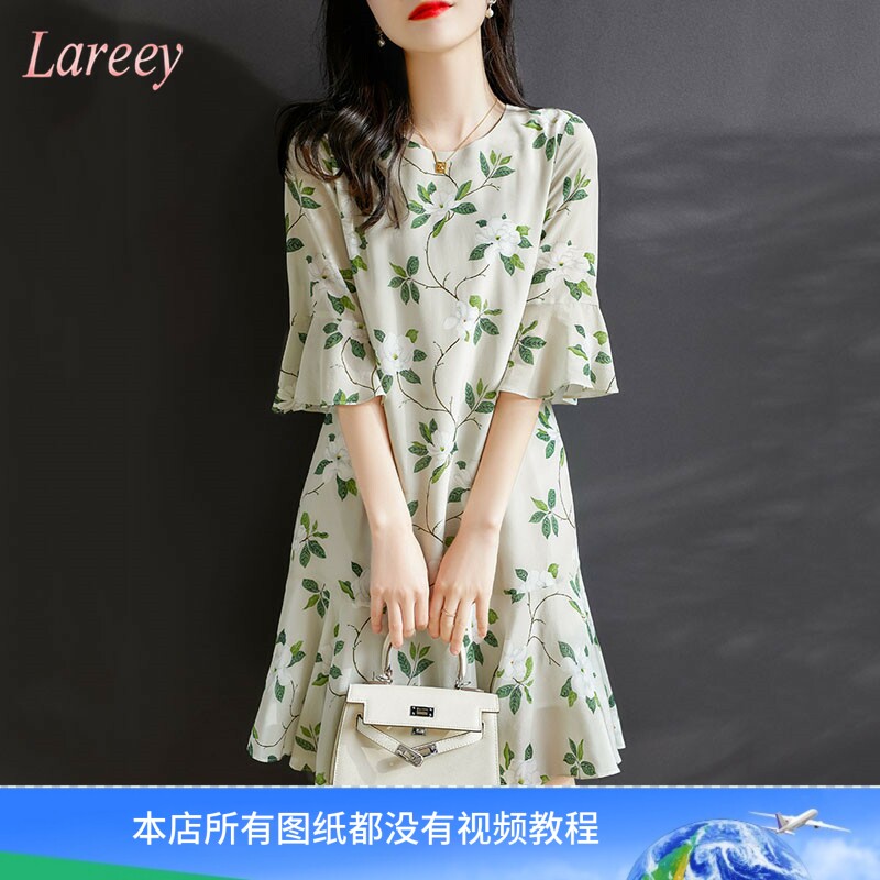 圆领七分袖荷叶边长连衣裙裁剪纸板牛皮纸1:1服装图纸纸样LYQ531图片