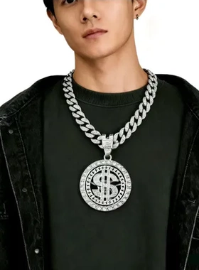 图案新款美元项链欧美个性吊坠钱币锌合金款式可旋转嘻哈潮牌男士