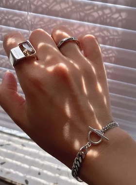 简约嘻哈指环女戒指镀银个性S925复古潮开口字母韩版食指戒时尚