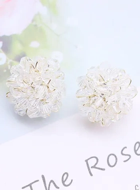 耳环韩国CHICs925银针水晶电镀手工真金透明耳饰耳钉花球圆形编织